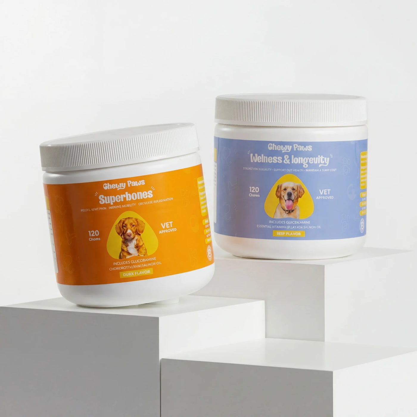 Chewy Paws Active Care Bundle - Superbones joint supplement and Wellness and Longevity multivitamin dog supplement jars side by side