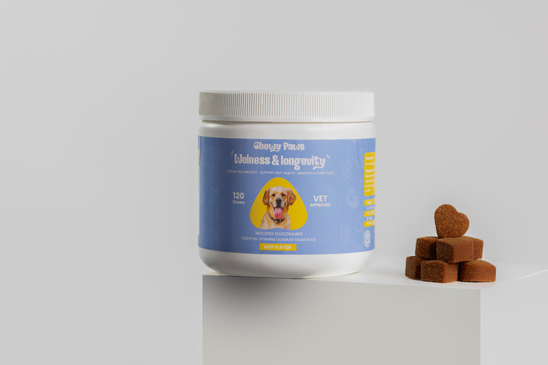 Chewy Paws Wellness and Longevity beef flavor multivitamin soft chews for dogs beside 120 count supplement jar