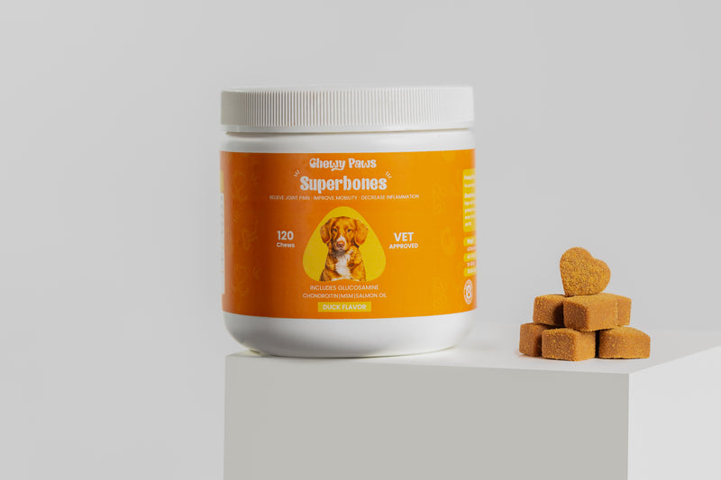 Chewy Paws Superbones duck flavor soft chews for dogs - joint supplement bites next to 120 count jar