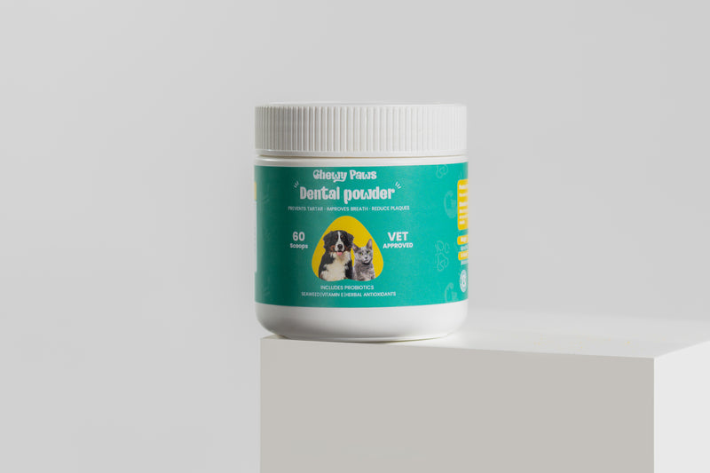 Chewy Paws Dental Powder for dogs - prevents tartar, improves breath and reduces plaque - 60 scoop jar