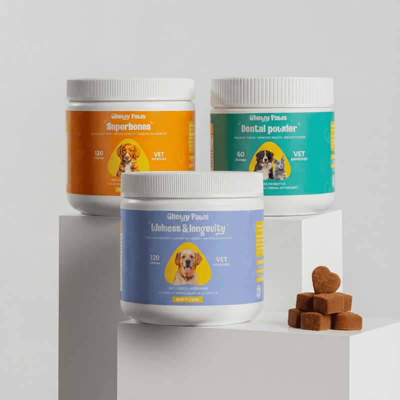 Chewy Paws Complete Care System bundle - Superbones joint chews, Dental Powder and Wellness and Longevity multivitamin for dogs