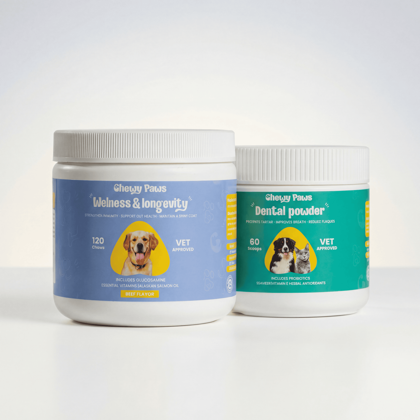 Chewy Paws Daily Wellness Duo - Wellness and Longevity multivitamin and Dental Powder supplement jars for dogs daily health and dental routine