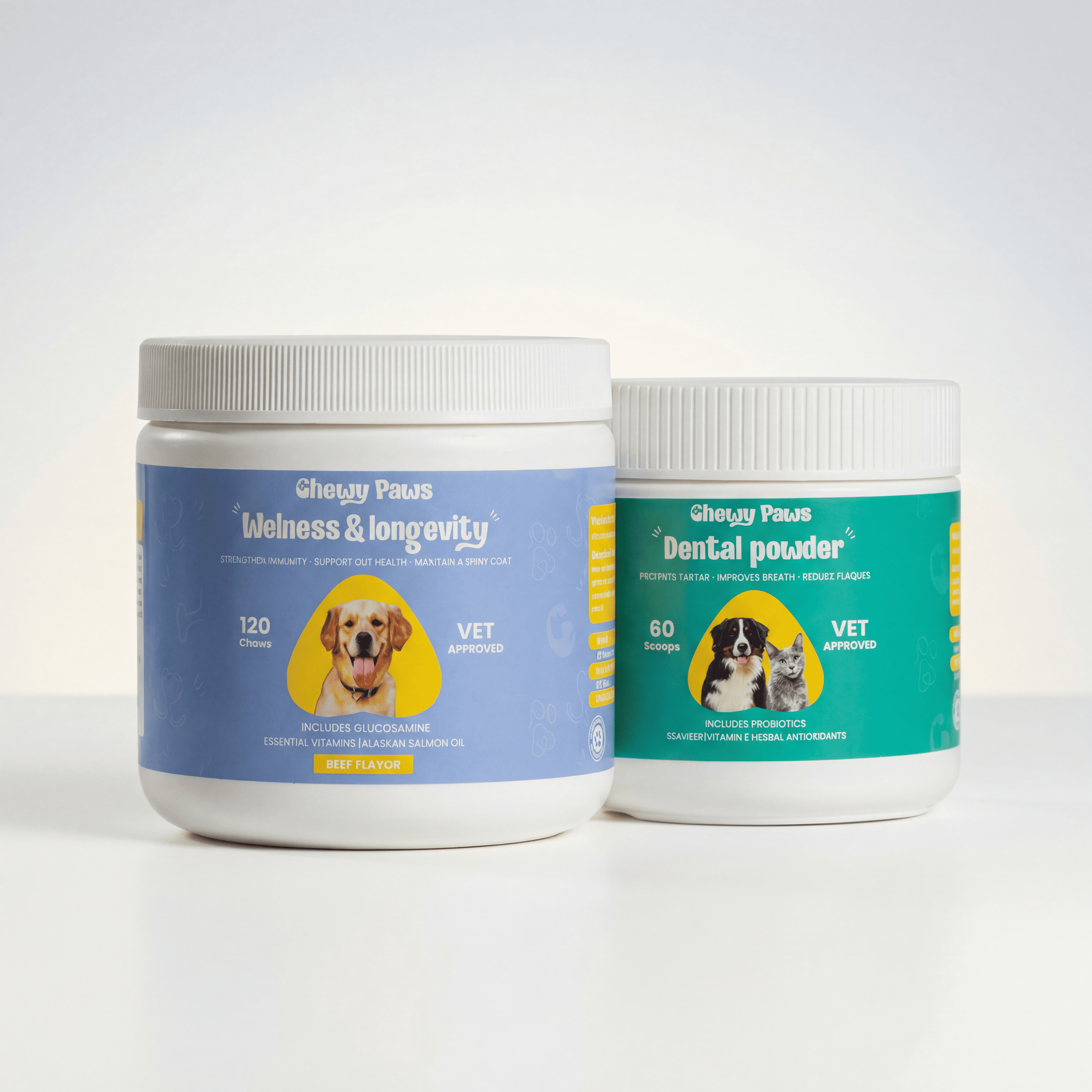 Chewy Paws Daily Wellness Duo - Wellness and Longevity multivitamin and Dental Powder supplement jars for dogs daily health and dental routine