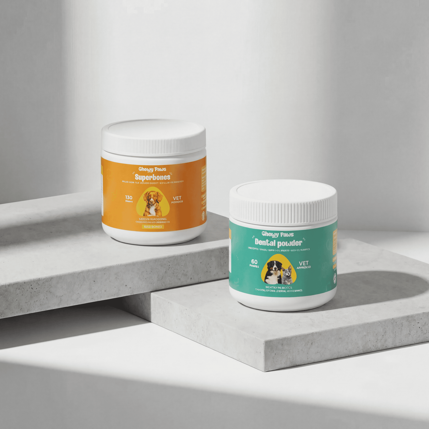 Chewy Paws Mobility and Oral Care Bundle - Superbones joint supplement and Dental Powder dog supplement jars for joint health and dental care
