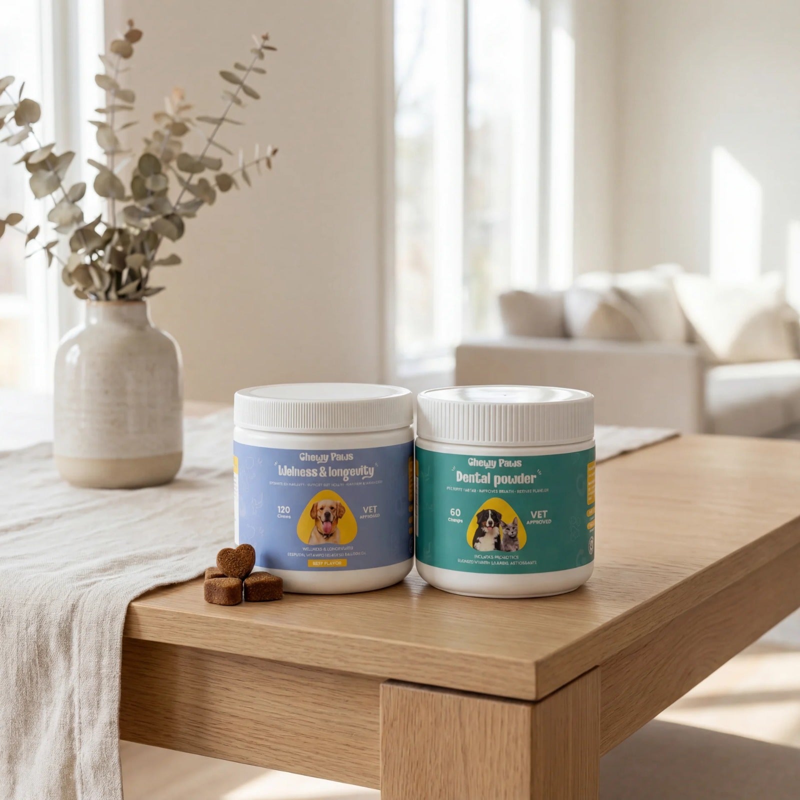 Chewy Paws Daily Wellness Duo - Wellness and Longevity and Dental Powder dog supplement jars on a wooden coffee table in a cozy home setting