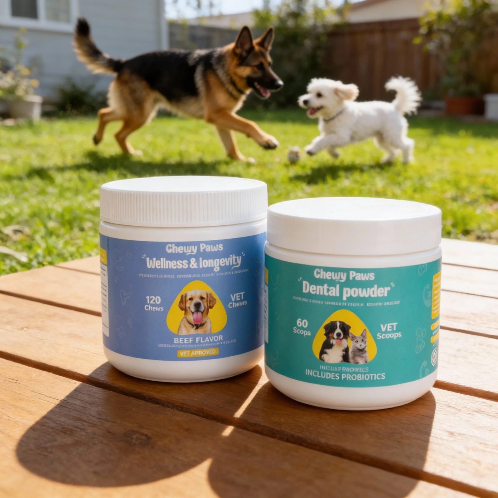 Chewy Paws Daily Wellness Duo - dog supplements on a wooden table with two happy dogs playing in a sunny garden outdoors